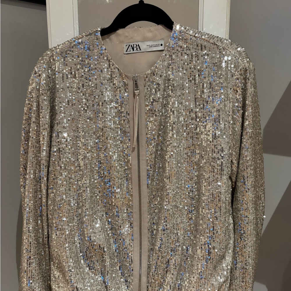 Zara Champagne Sequin Zip Bomber Jacket